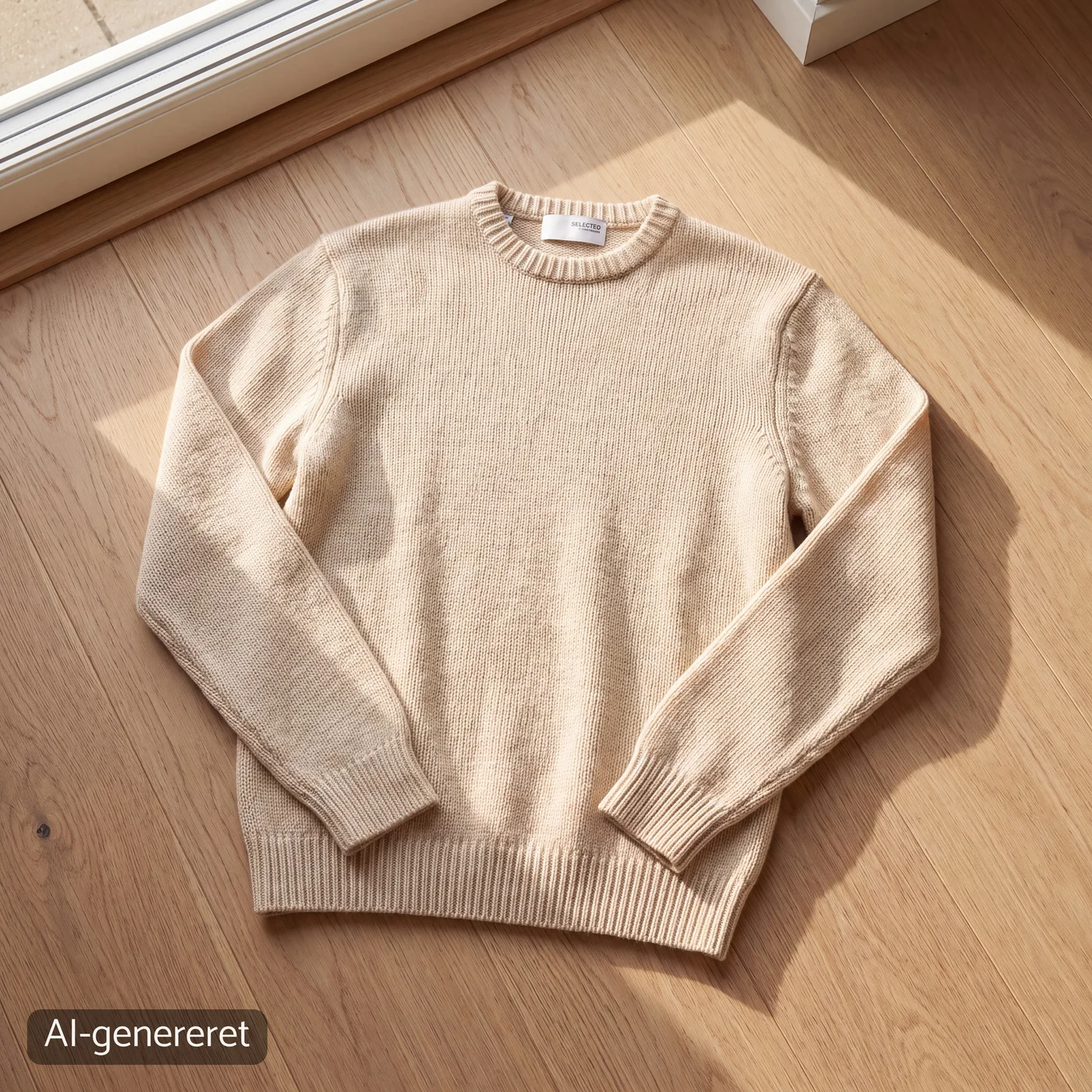 AI-generated example of cream knitwear in a sunlit scene on an oak floor